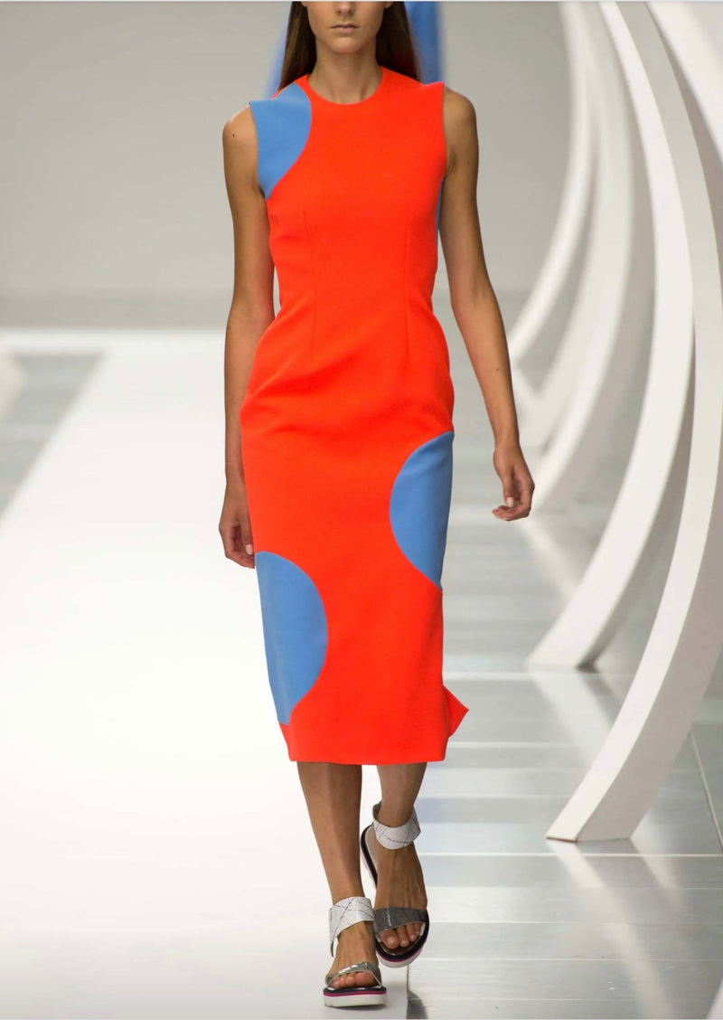 ROKSANDA Women's neon orange crepe w/ blue circles ‘Longuette Dress’109 sleeveless shift dress, 12