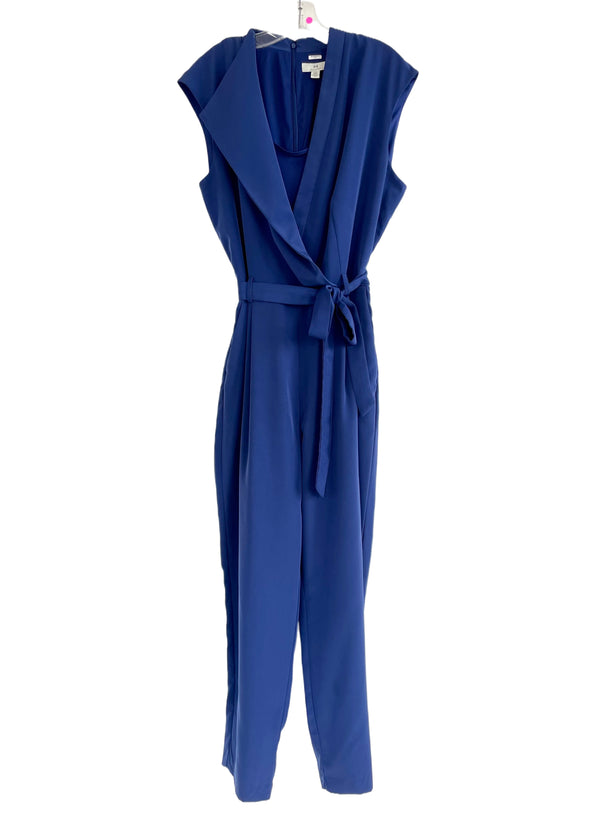 H HALSTON cobalt blue draped front sleeveless evening jumpsuit, L