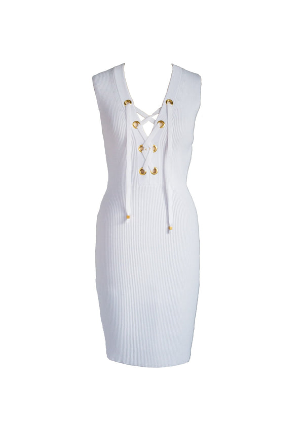 MICHAEL MICHAEL KORS Women's white rib-knit body con mini dress, L