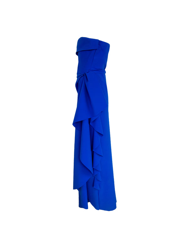 CHIARA BONI blue scuba strapless column gown w/ ruffle bodice, 12
