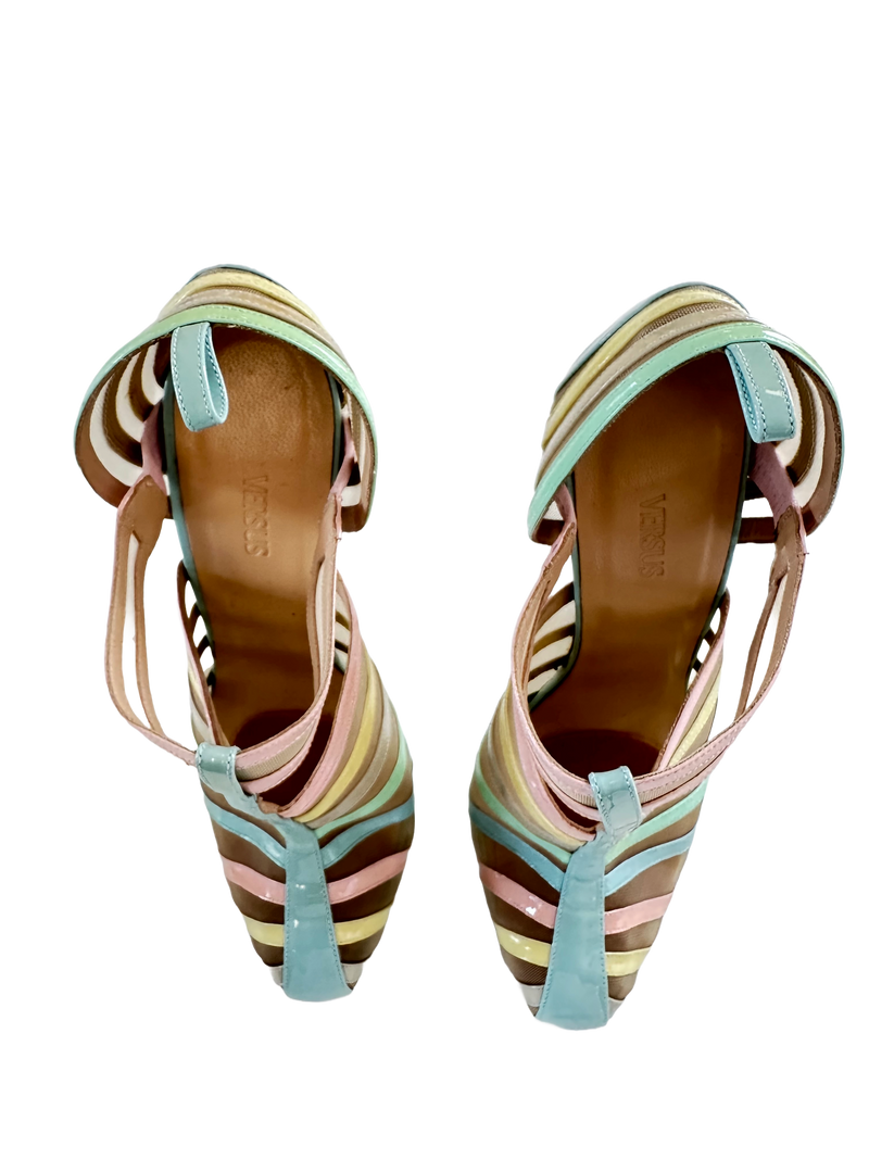 VERSUS Women's pastel patent & nude mesh stilettos, 10