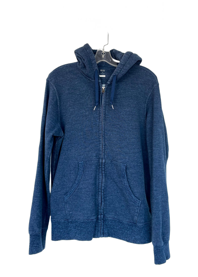 UNIQLO Men's indigo terry backed cotton zip front hoodie w/ front pockets, M