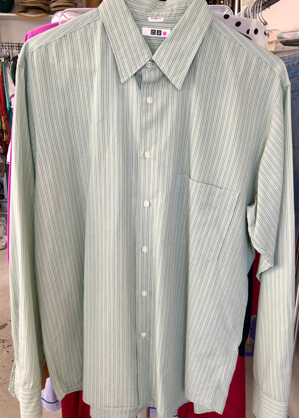 UNIQLO Mens mint/white spin striped casual shirt, L