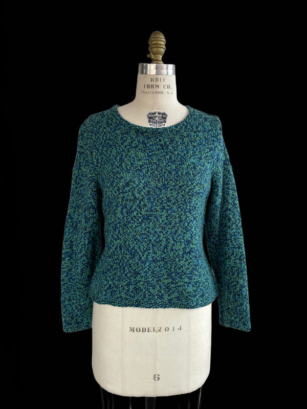 Women’s green & blue shaker knit crewneck sweater, S
