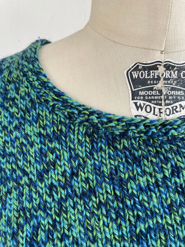 Women’s green & blue shaker knit crewneck sweater, S