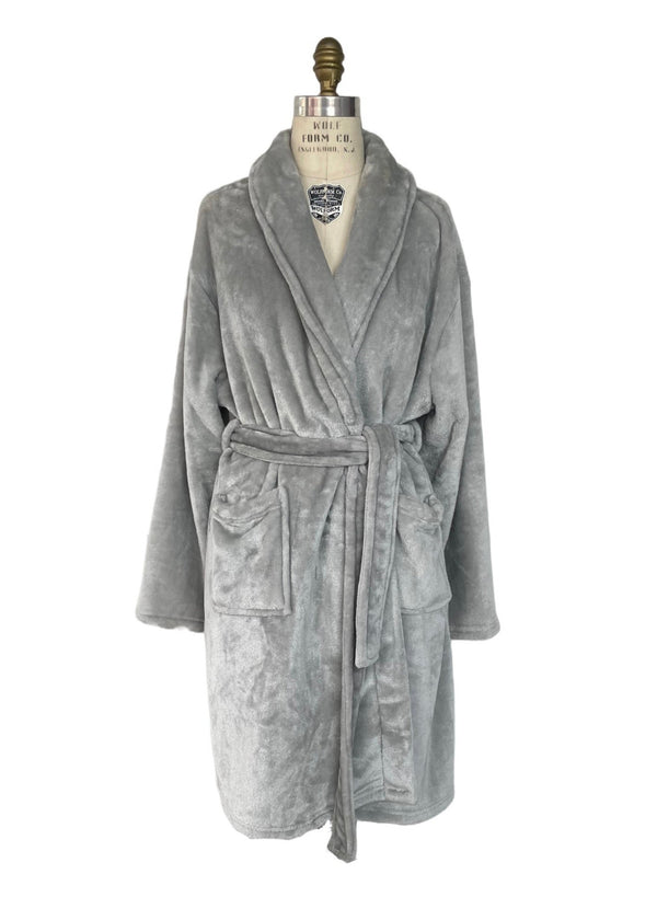 HOTEL LUXE unisex light grey plush bathrobe w/ self sash, one size