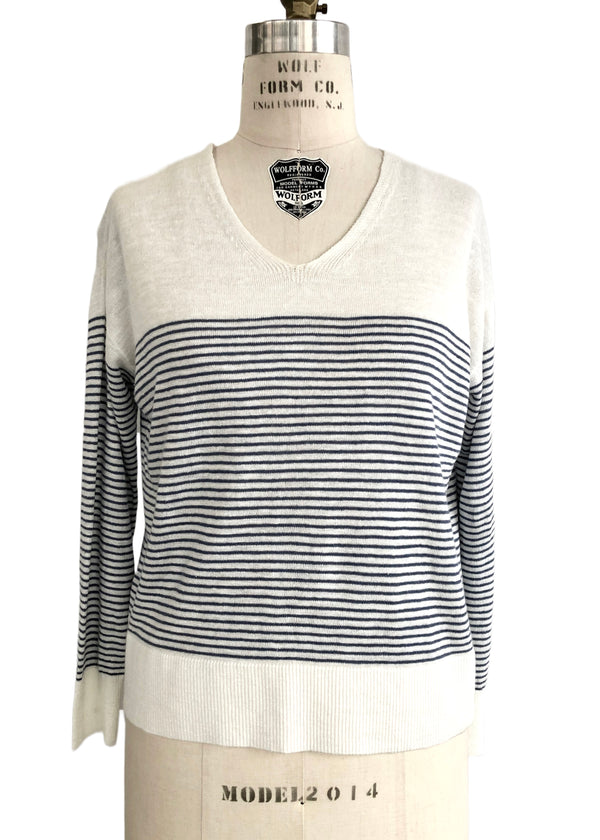 BANANA REPUBLIC Women's white w/ black stripe linen blend boatneck pullover, Petite XS