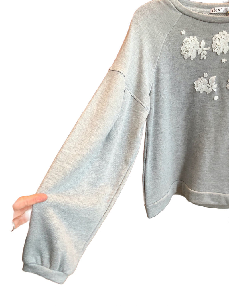 DEX Girls grey sweatshirt with white flower applique, XL