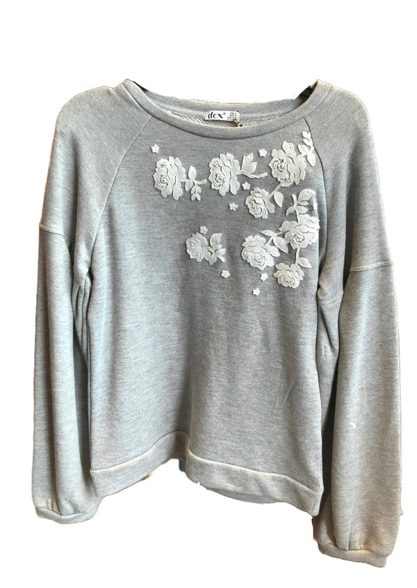 DEX Girls grey sweatshirt with white flower applique, XL