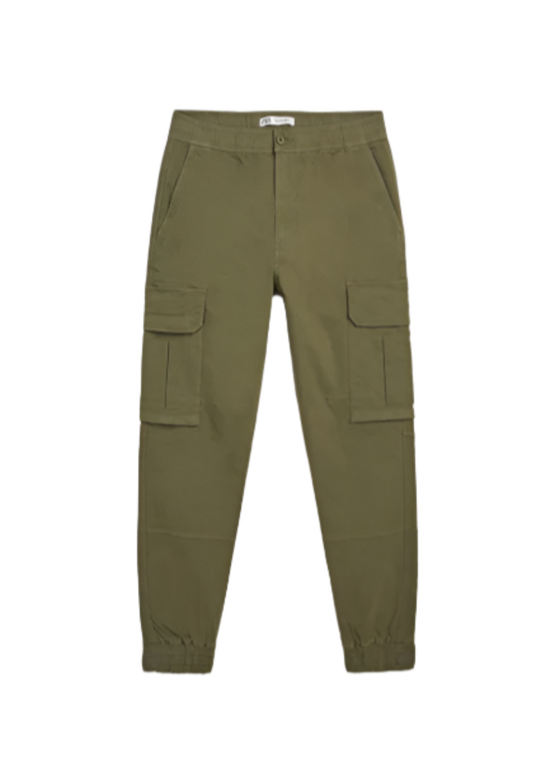 ZARA Mens khaki cropped cargo pants elastic waistband front and side pockets, L