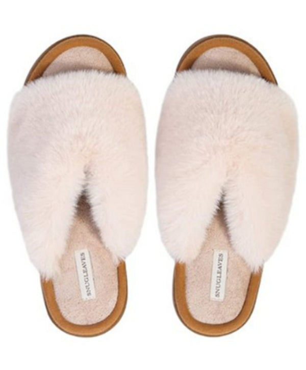 SNUG LEAVES Women's beige faux fur slippers open toe slide rubber sole, 7/8
