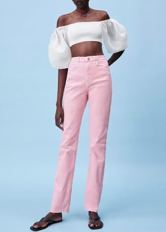 ZARA Women's light pink straight leg jeans w/ split hem, 6