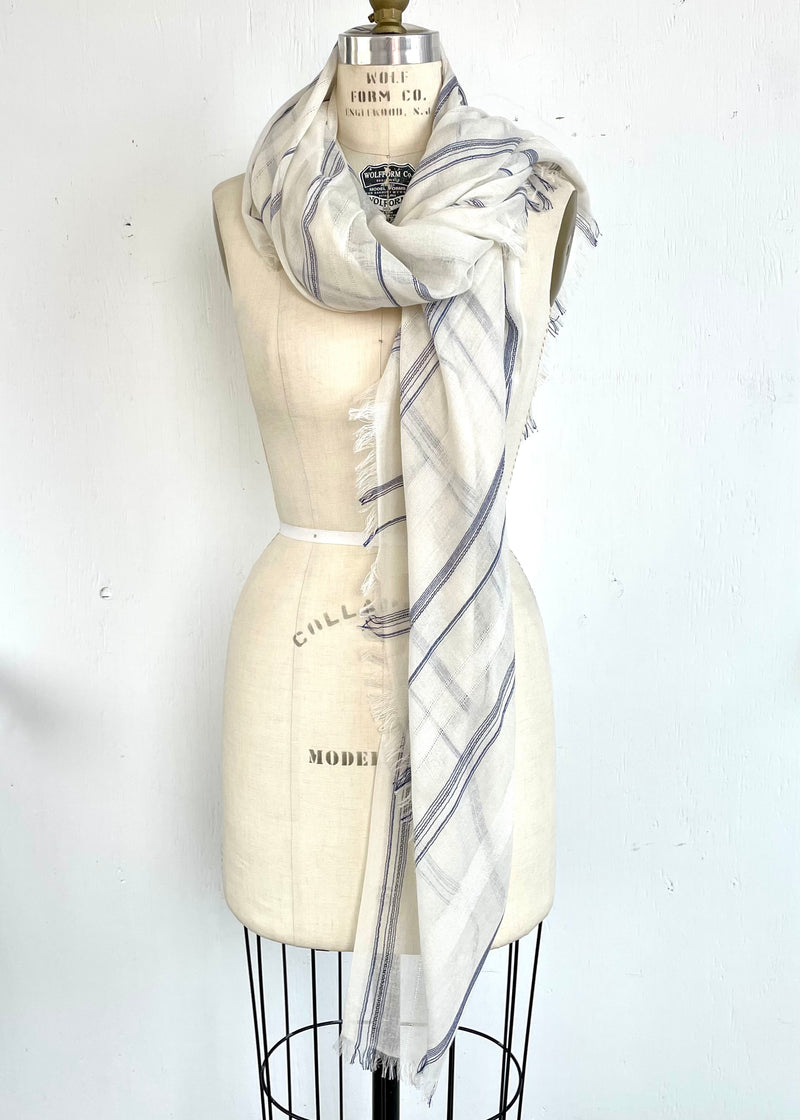 UNIQLO off-white/blue stripe raylon/linen blend lightweight scarf