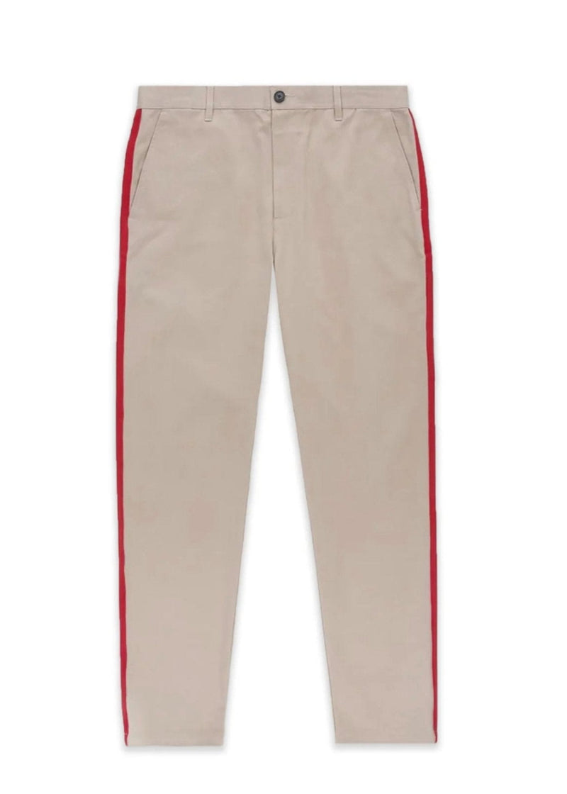 OVADIA & SONS Men's tan cotton twill slim fit chino track pants with red & off-white side stripe detail, 30"x29""