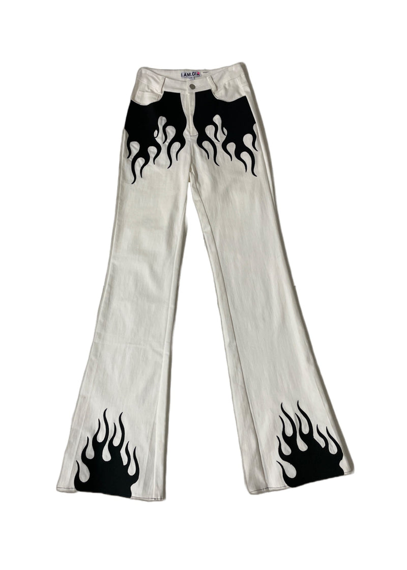 I AM GIA Women's white w/ black flame "Quinni 2.0" highrise flare jeans, S