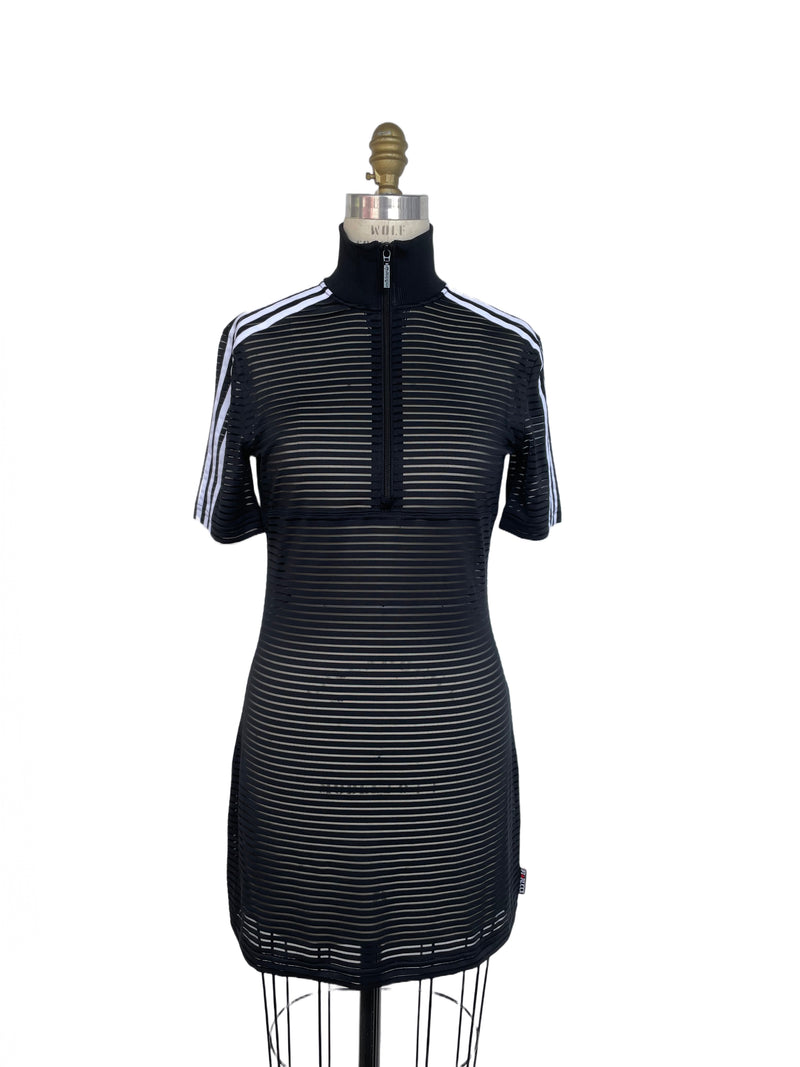 ADIDAS X FIORUCCI Women's black & white sheer stripe "FireBird" mini dress, S