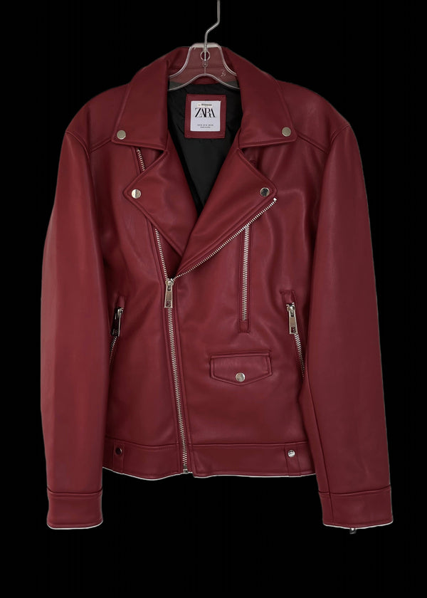 ZARA Mens burgundy faux leather moto jacket, M