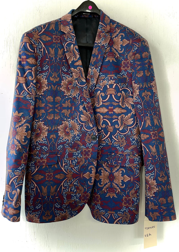 TOPMAN brown/burgundy/teal patterned skinny fit single button blazer, 48R