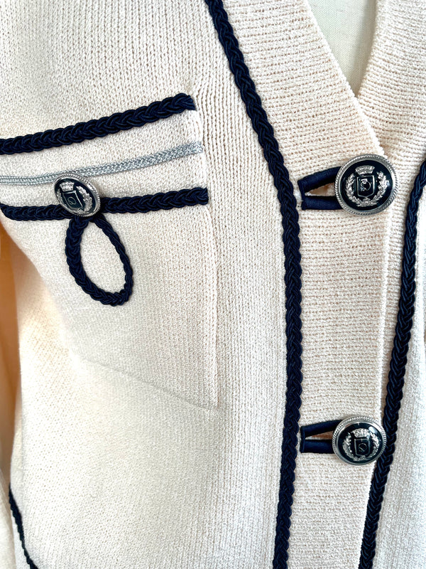 ST.JOHNS VINTAGE 80's Women's cream knit 3-button jacket w/ navy & silver rope detailing, M