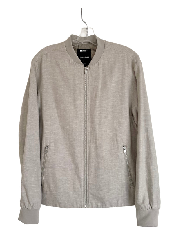 JACK & JONES Men's beige natural colour linen bomber jacket w/ knit collar and cuffs, M