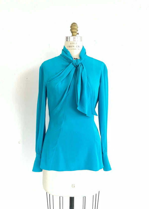 PRADA Women's turquoise silk crepe high neck front draped blouse w/ neck tie, 2/4
