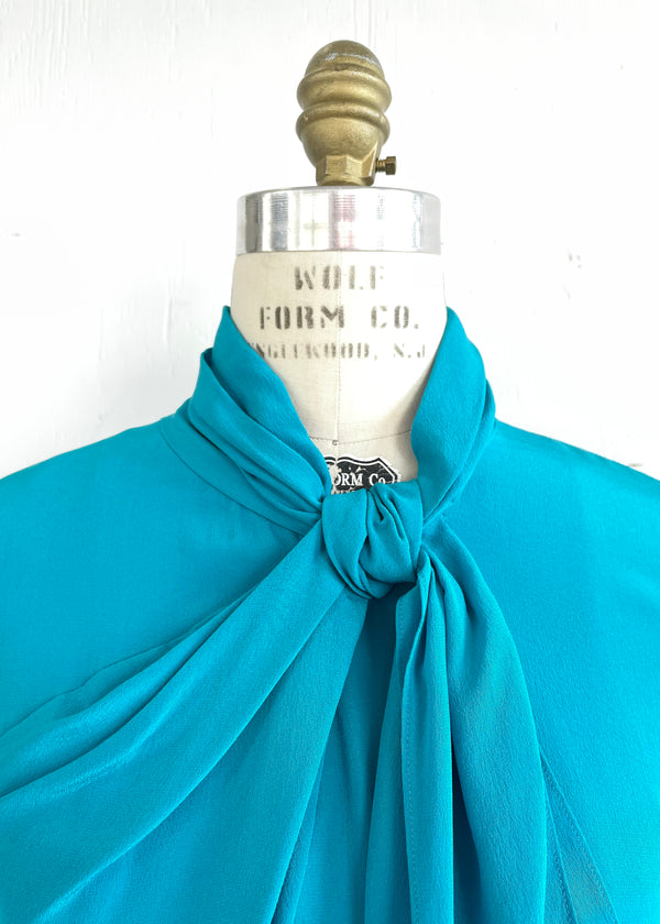 PRADA Women's turquoise silk crepe high neck front draped blouse w/ neck tie, 2/4