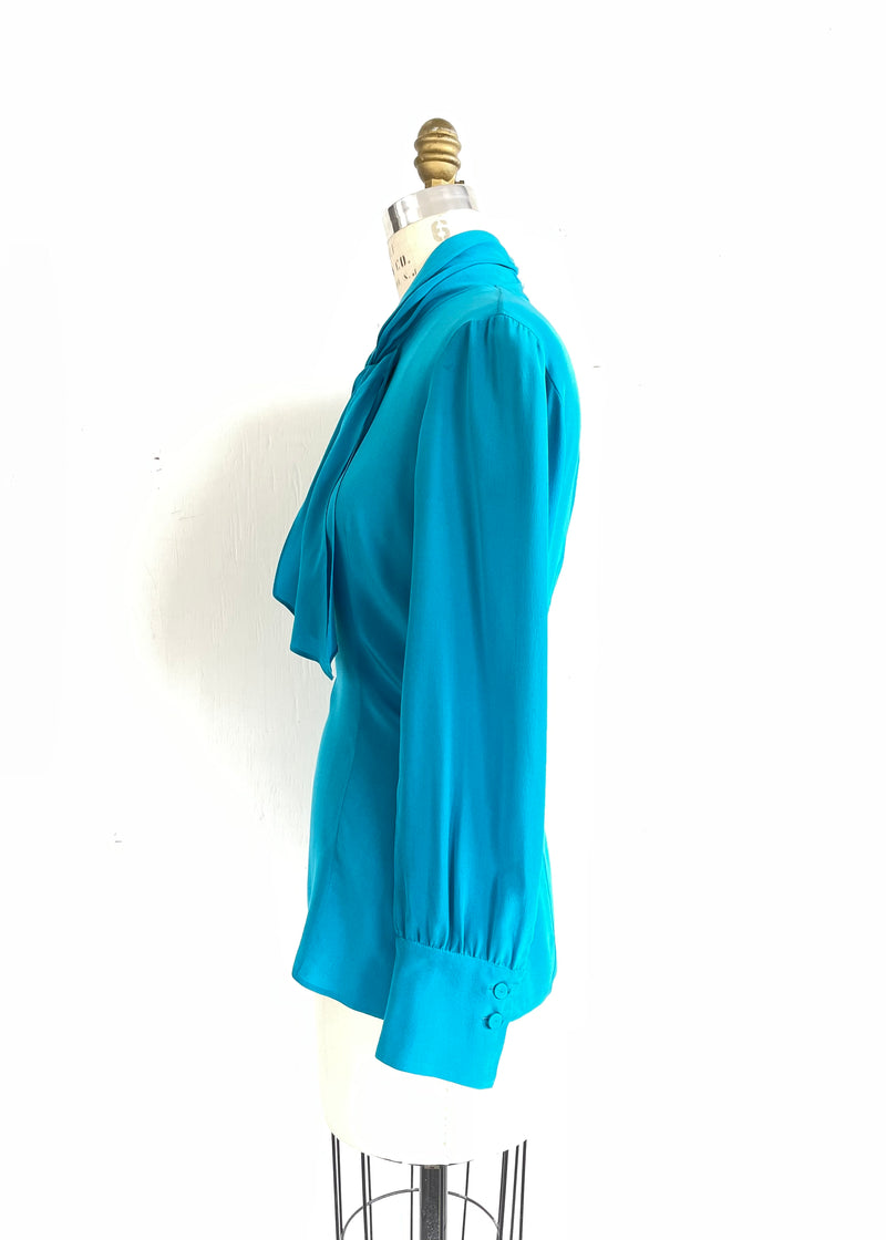 PRADA Women's turquoise silk crepe high neck front draped blouse w/ neck tie, 2/4