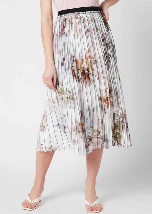 TED BAKER white w/ lilac floral knife pleat midi skirt, 6 / TB 2