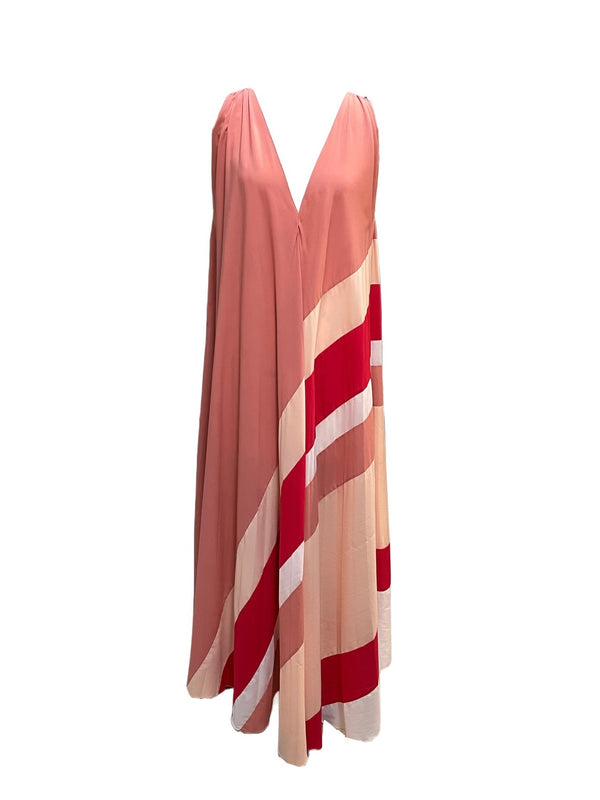 TOME Women's peach/blush/cream/red colour block v-neck pleated sleeveless trapeze maxi dress, NS