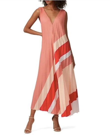 TOME Women's peach/blush/cream/red colour block v-neck pleated sleeveless trapeze maxi dress, NS