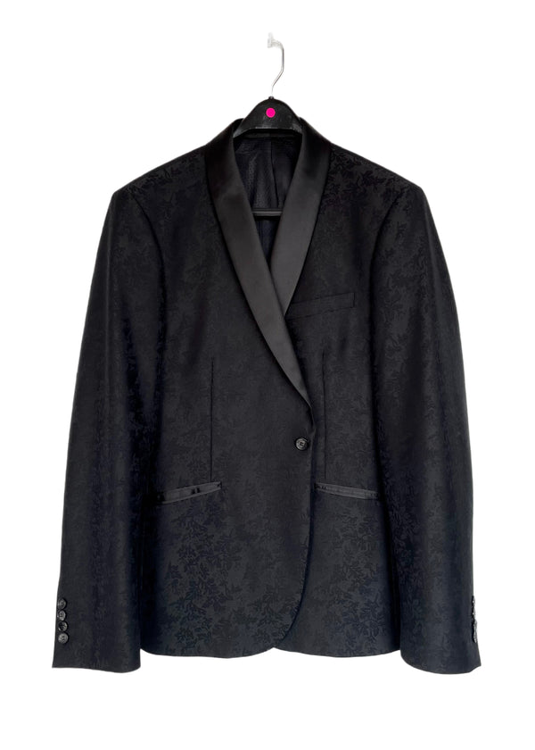 BOSCO UOMO Mens black leaf damask slim fit 1-button satin shawl collar tuxedo jacket, 42R