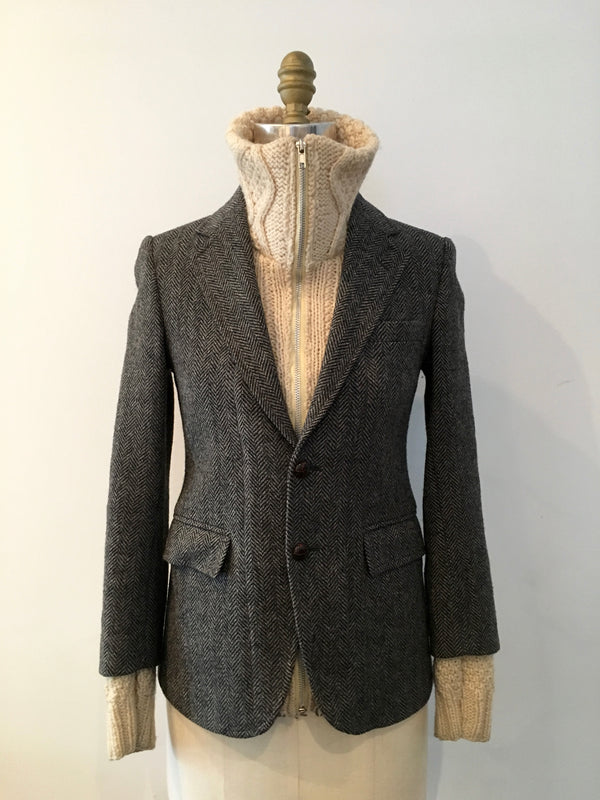 VINTAGE Women's grey herringbone & cream cable turtleneck sweater combo upcycled jacket, 6