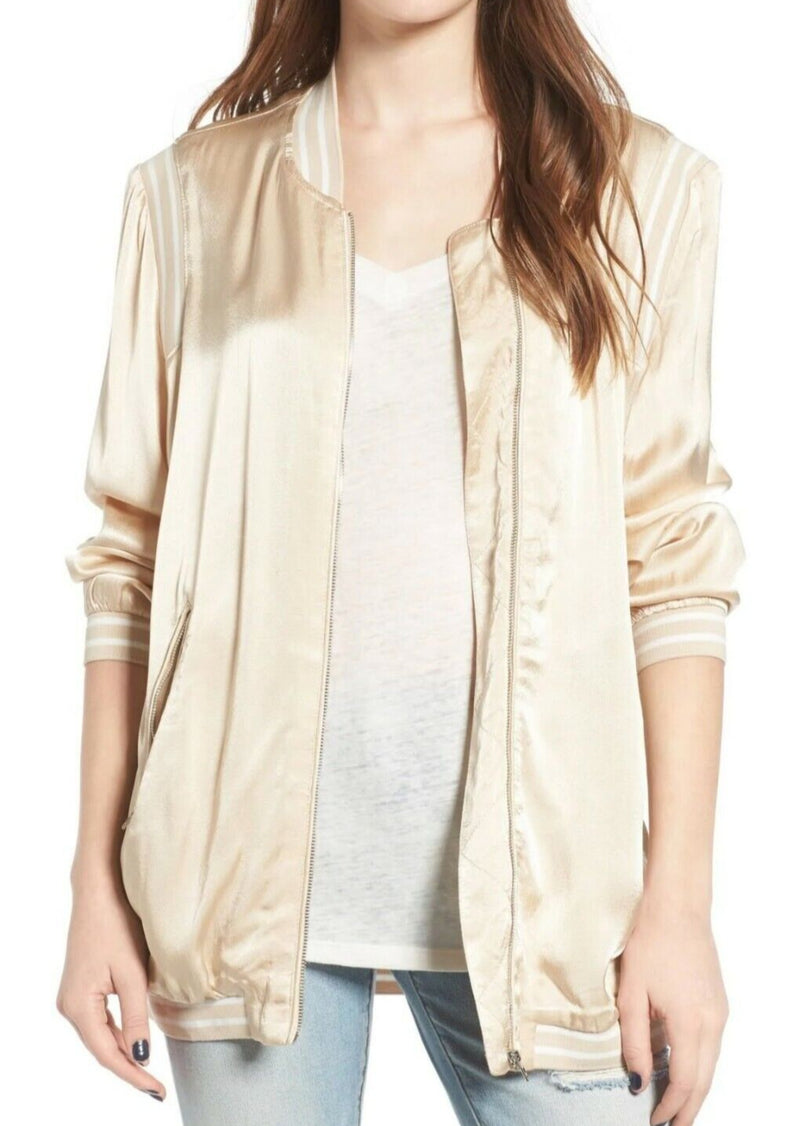 BLANK NYC Women's over size beige satin varsity style bomber jacket, XS