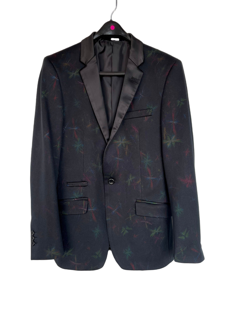 SUSLO COUTURE mens black & multi colour starburst print 1-button satin lapel evening jacket, 38