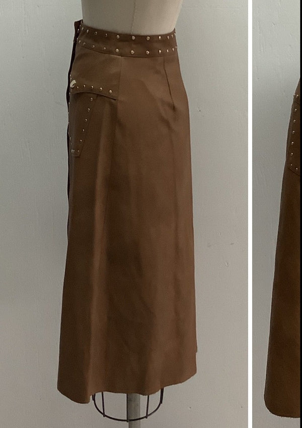 ZARA Women's brown faux leather button up pencil skirt w/ gold studs, XS