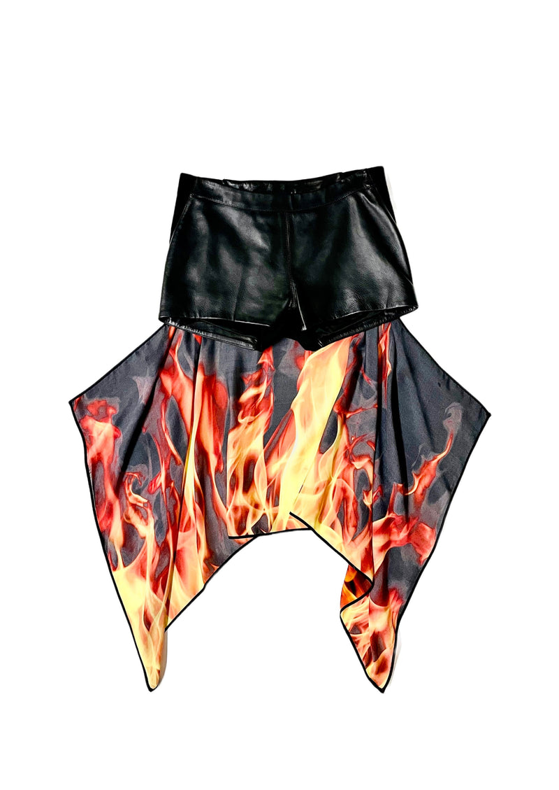Gareth Pugh Women's black lamb leather shorts w/ printed flames silk panel, 6