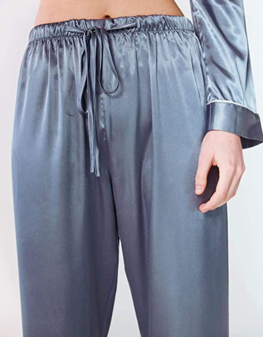 SIORO Women's blue grey polyester satin classic PJ's with white piping chest pocket, M
