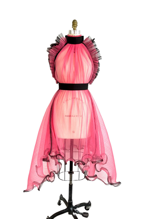 DENIS GAGNON Custom Women's pink pleated net black tulle ruffle sleeve high neck cocktail dress, XS