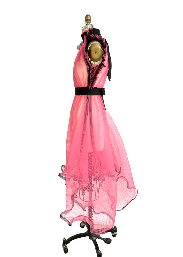 DENIS GAGNON Custom Women's pink pleated net black tulle ruffle sleeve high neck cocktail dress, XS