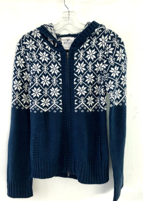 BLUENOTES Women’s navy/white fairisle sweater zip front w/ hood, S