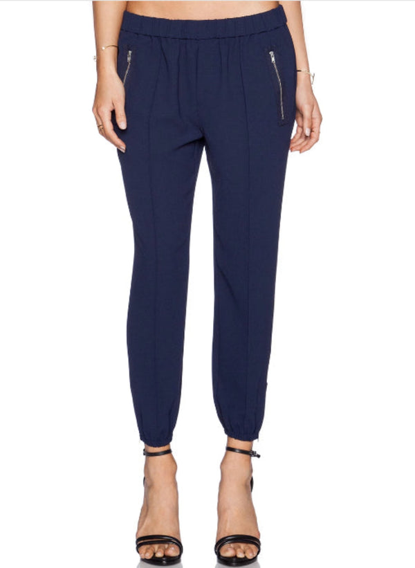 JOIE Women's navy crepe "Charlet C Pant" w/ elastic gathered waist & gathered zip cuffs, XS