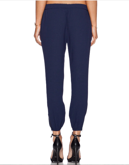 JOIE Women's navy crepe "Charlet C Pant" w/ elastic gathered waist & gathered zip cuffs, XS