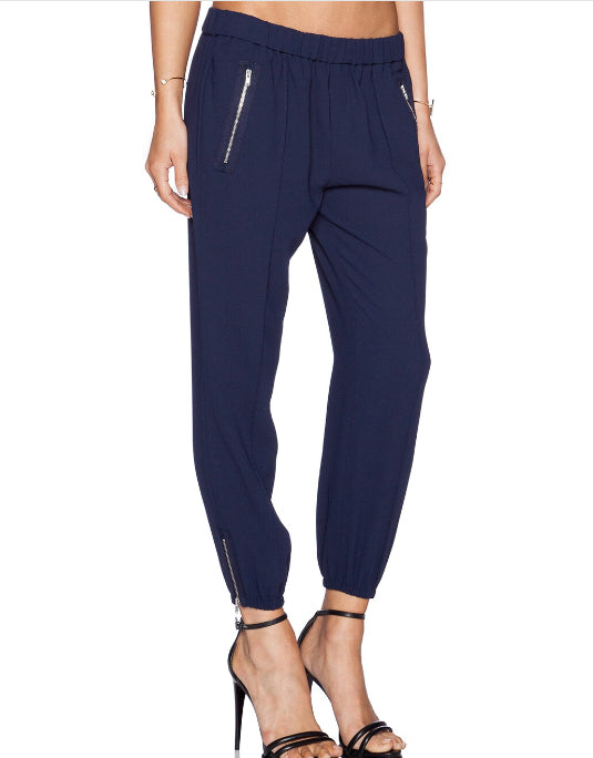 JOIE Women's navy crepe "Charlet C Pant" w/ elastic gathered waist & gathered zip cuffs, XS