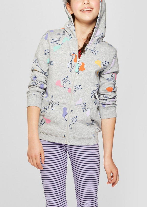 CAT & JACK Girls grey zip-up hoodie w/ unicorn print, 7/8