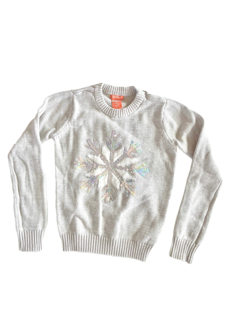 JOE FRESH Girls grey pullover crewneck sweater w/ silver sequin snowflake, M 7/8
