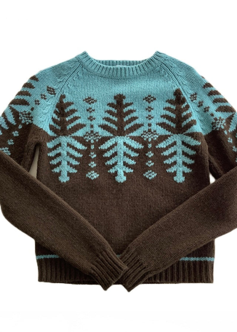 FREE PEOPLE Y2K Women's turquoise & brown tree intarsia chunky wool sweater, S