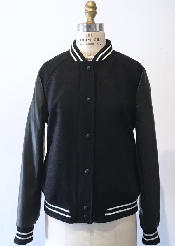 ZARA Women's black wool collegiate bomber jacket w/ white trim & leather sleeves, L