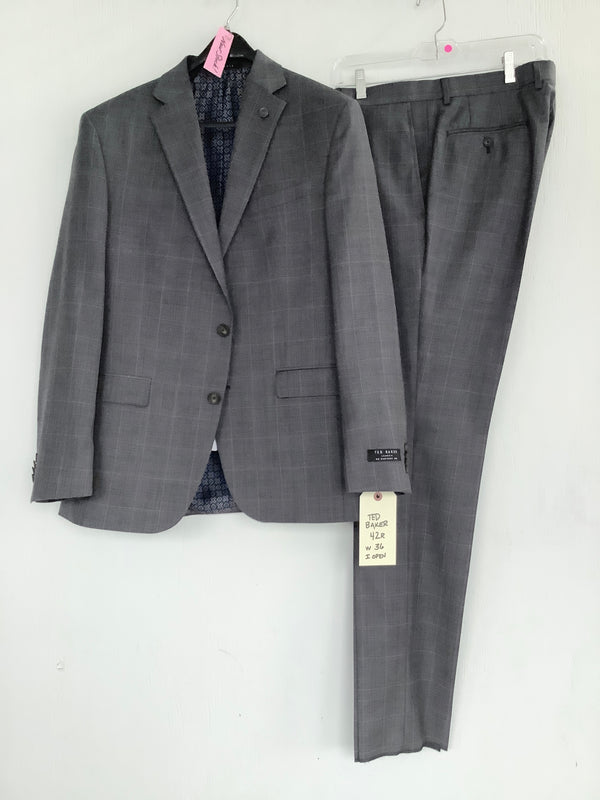 TED BAKER Mens grey suit windowpane 2 button "Jake" cut geo-lining, 42 R