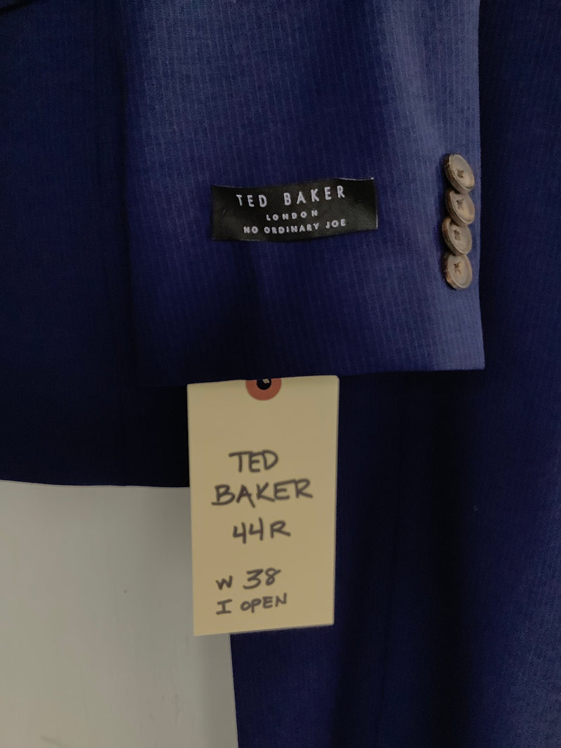 TED BAKER Men's navy suit pinstripe 2 button peak lapel "Jude" cut geo-lining, 44R