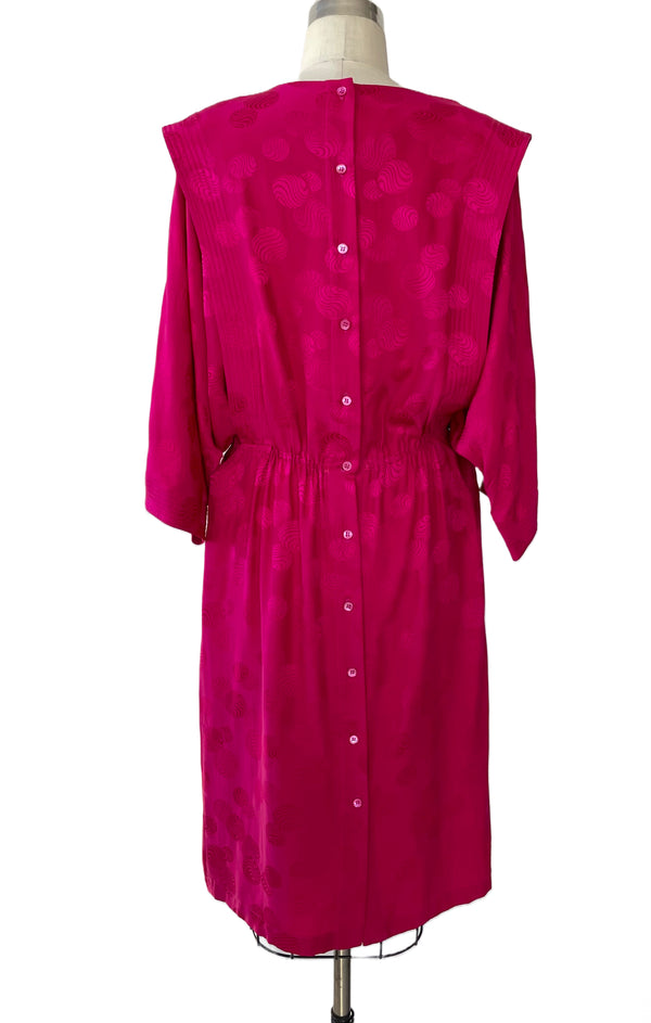 VINTAGE ARGENTI Women’s 80’s dark pink silk dolman sleeve dress w/ elastic waist and pockets, 12